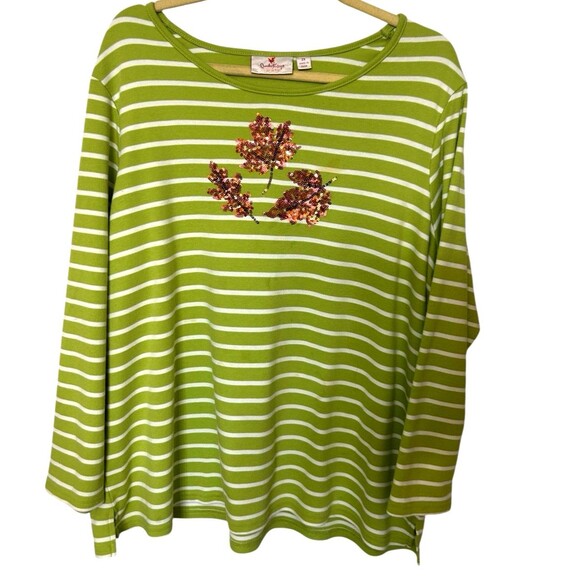 Quacker Factory  Womens 2X Leaves Fall Sequin Striped Green Tunic Top - Picture 1 of 8